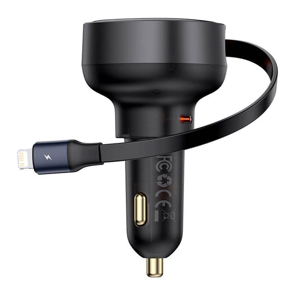 BASEUS ENJOYMENT PRO CAR CHARGER C+RETRACTABLE IP CABLE 55W CLUSTER - شاحن سيارة تايب سي مع كيبل لايتننغ مدمج 55 واط  من باسيوس