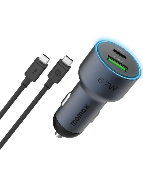 MOMAX Move 67W Dual Port Car Charger with USB-C to USB-C Cable 100W UC16GS - شاحن سيارة 67 واط مع كيبل تايب سي تايب سي 100 واط من موماكس