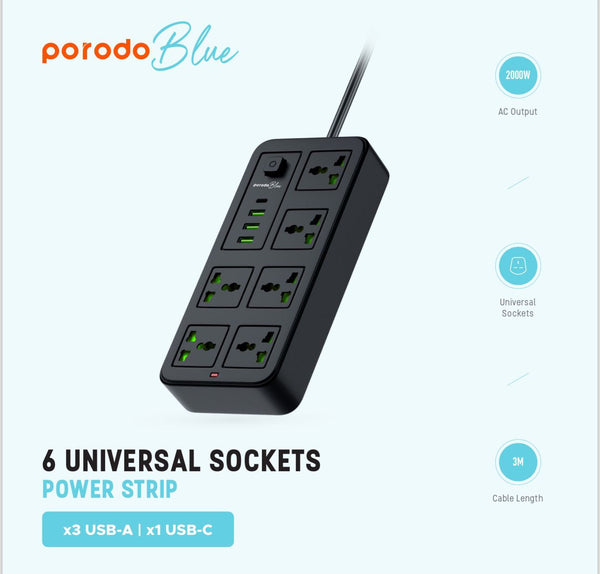 Porodo Blue 6 AC Power Socket With Type-C, 3USB-A  (3m wire) UK - سيار كهربائي مع منافذ متعددة للشحن من بورودو