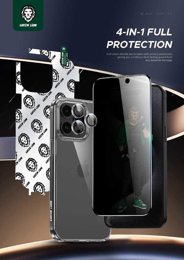 GREEN LION 4 IN 1 DEFENDER PACK PRIVACY FOR IPHONE 15 PRO MAX - TRANSPARENT - بكج اكسسوارات للايفون 15 برو ماكس (كفر+لاصق مضلل +لاصق كاميرا + غلاف ظهر الهاتف) من كرين+