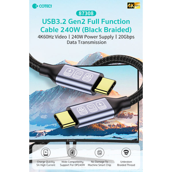 COTECI USB3.2 GEN2 FULL FUNCTION CABLE  240W  87308 - كيبل تايب سي تايب سي متعدد الوظائف 240 واط من كوتي