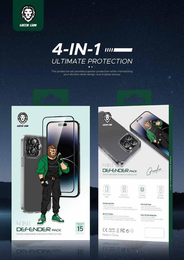 GREEN LION 4 IN 1 DEFENDER PACK FOR IPHONE 15 PRO MAX-  بكج اكسسوارات للايفون 15 برو ماكس  (كفر+لاصق شفاف +لاصق كاميرا + غلاف ظهر الهاتف) من كرين