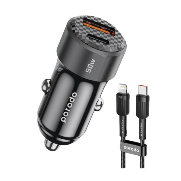 Porodo 50W Dual Port Car Charger PD 20W QC 30W with C to L Cable Black - شاحن سيارة 50 واط مع كيبل تايب سي لايتننغ من بورودو