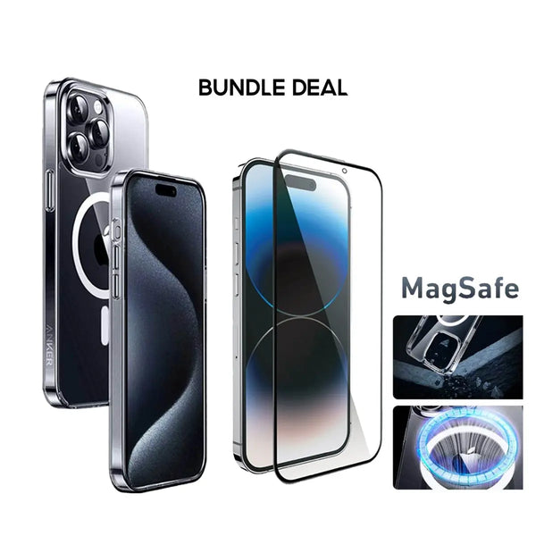 Anker iPhone 15 Pro Max Case Magsafe Case Clear Magnetic Phone Casing Cover + Screen Protector - كفر شفاف ماك سيف مع لاصق شاشة شفاف للايفون 15 برو ماكس من انكر
